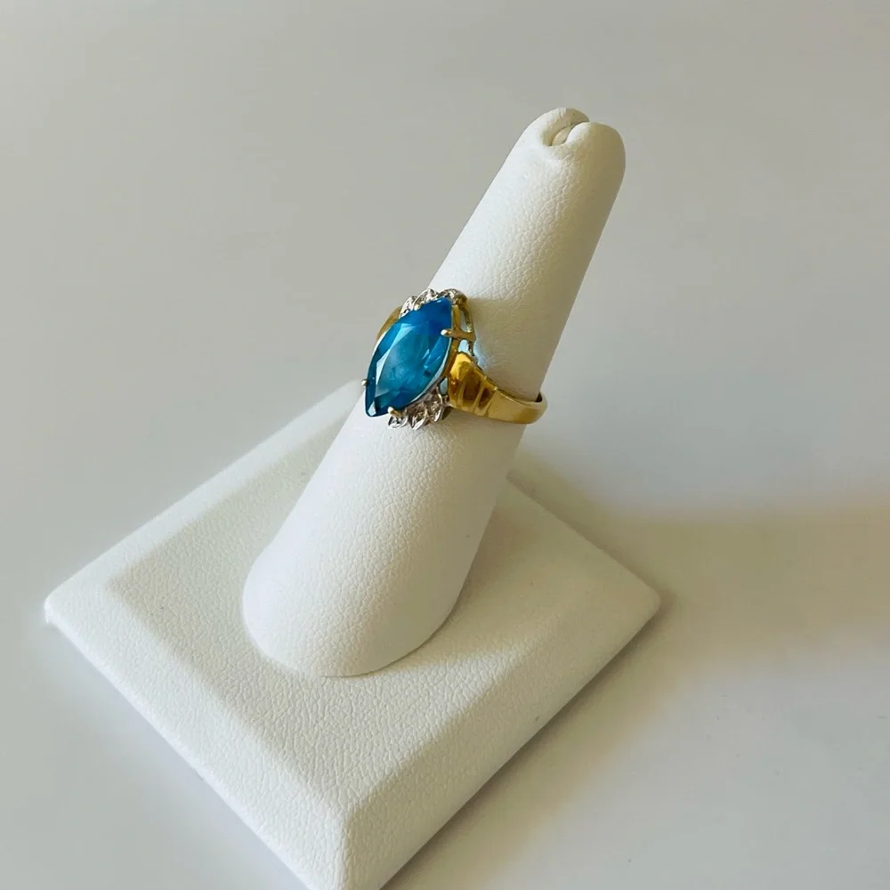 14K Yellow Gold Marquise Blue Topaz Diamond Anniversary Cocktail Statement Sz 7